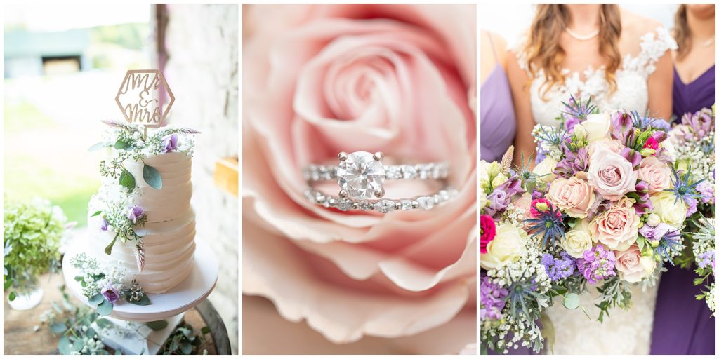 Left to right, wedding cake, wedding ring and bridal bouquet. Three details included in wedding planning. 