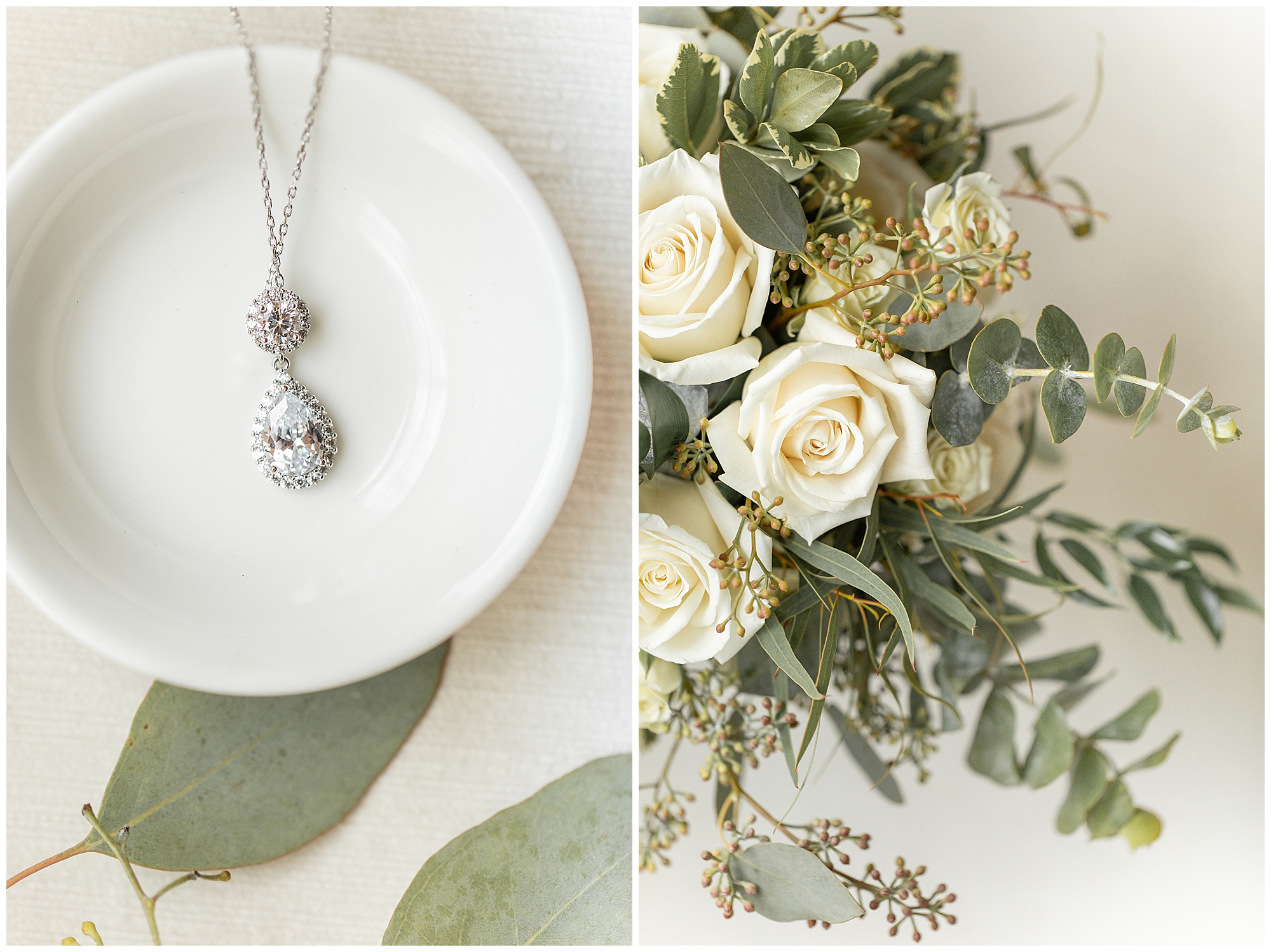 wedding necklace and bouquet details 