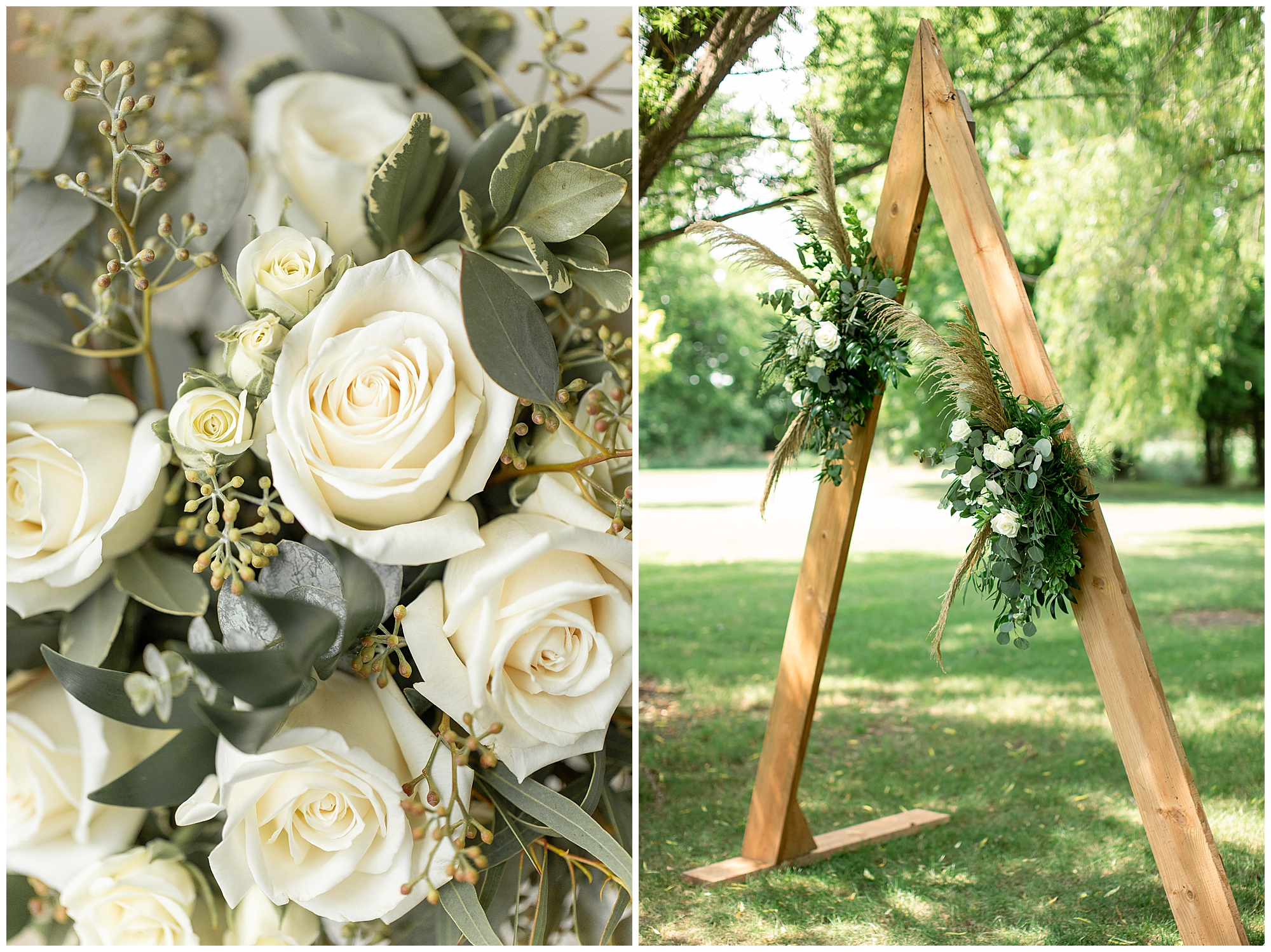simple wedding arch, triangle with green and white flowers