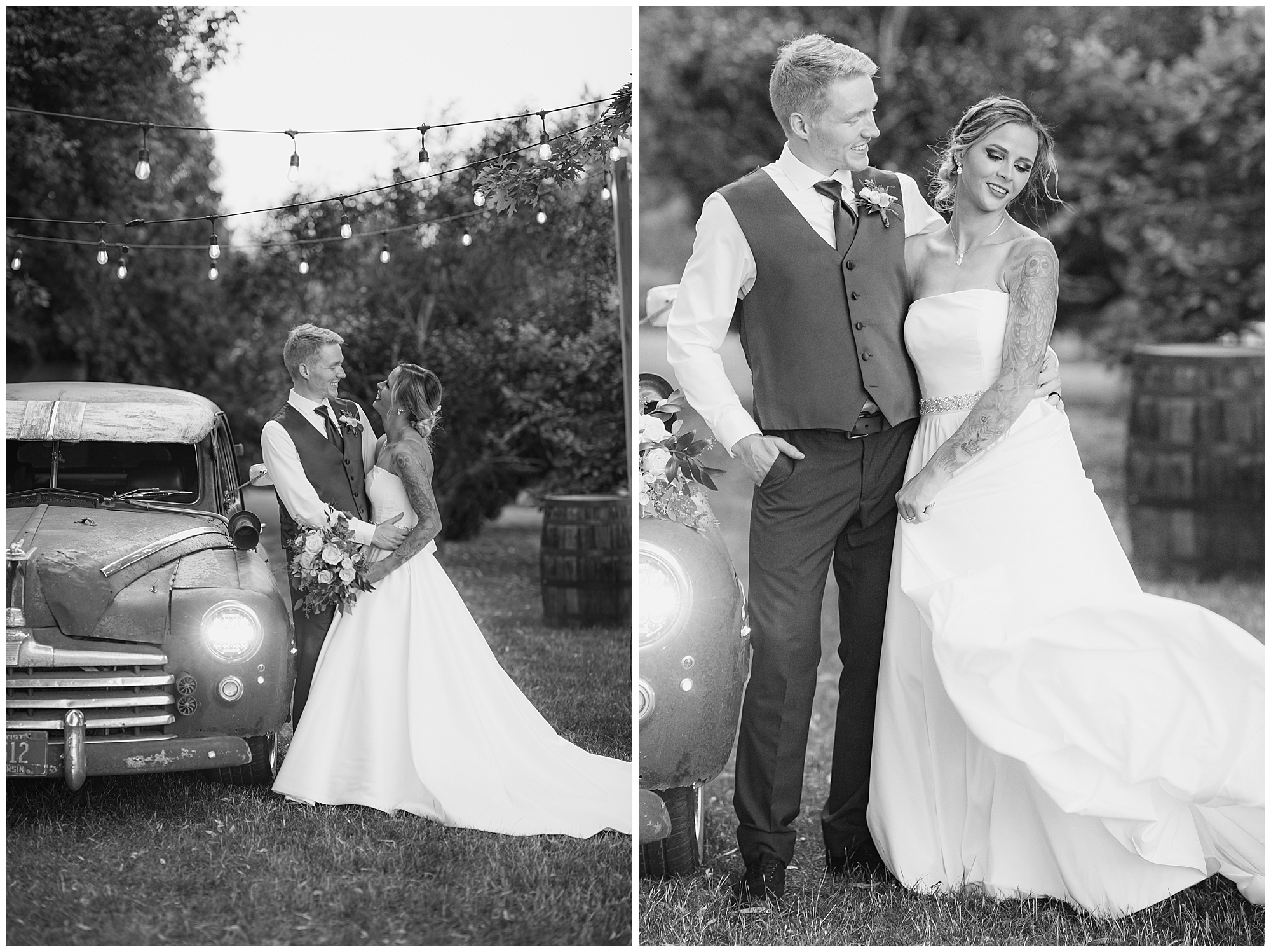 couple's wedding photo with old car 