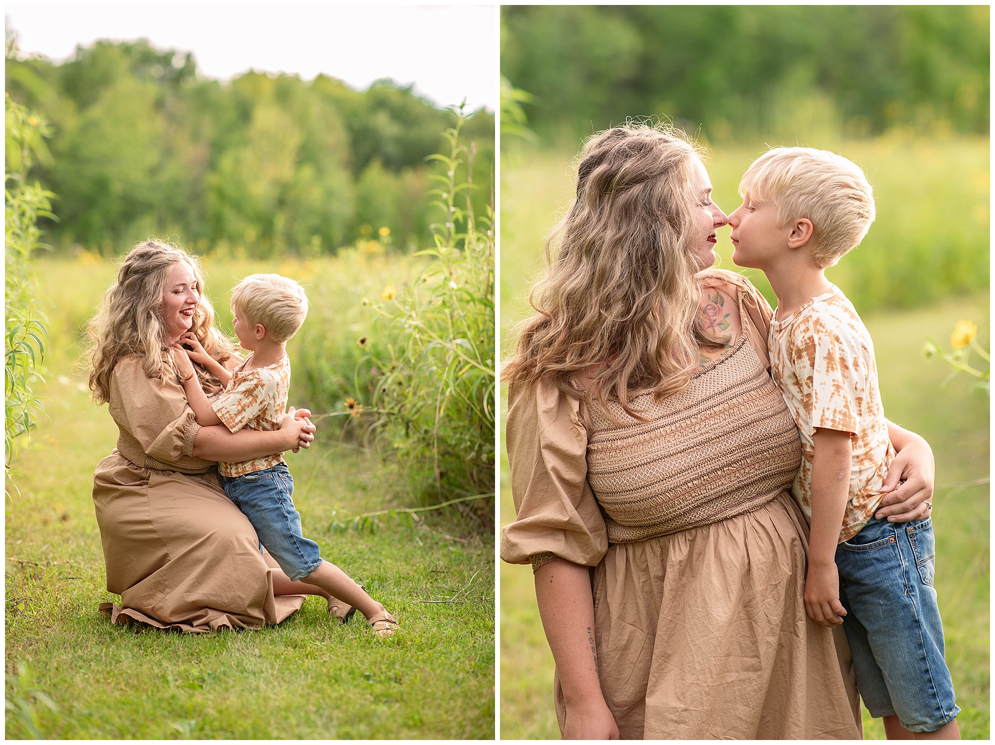 neutral color family photo outfits, mother and son
