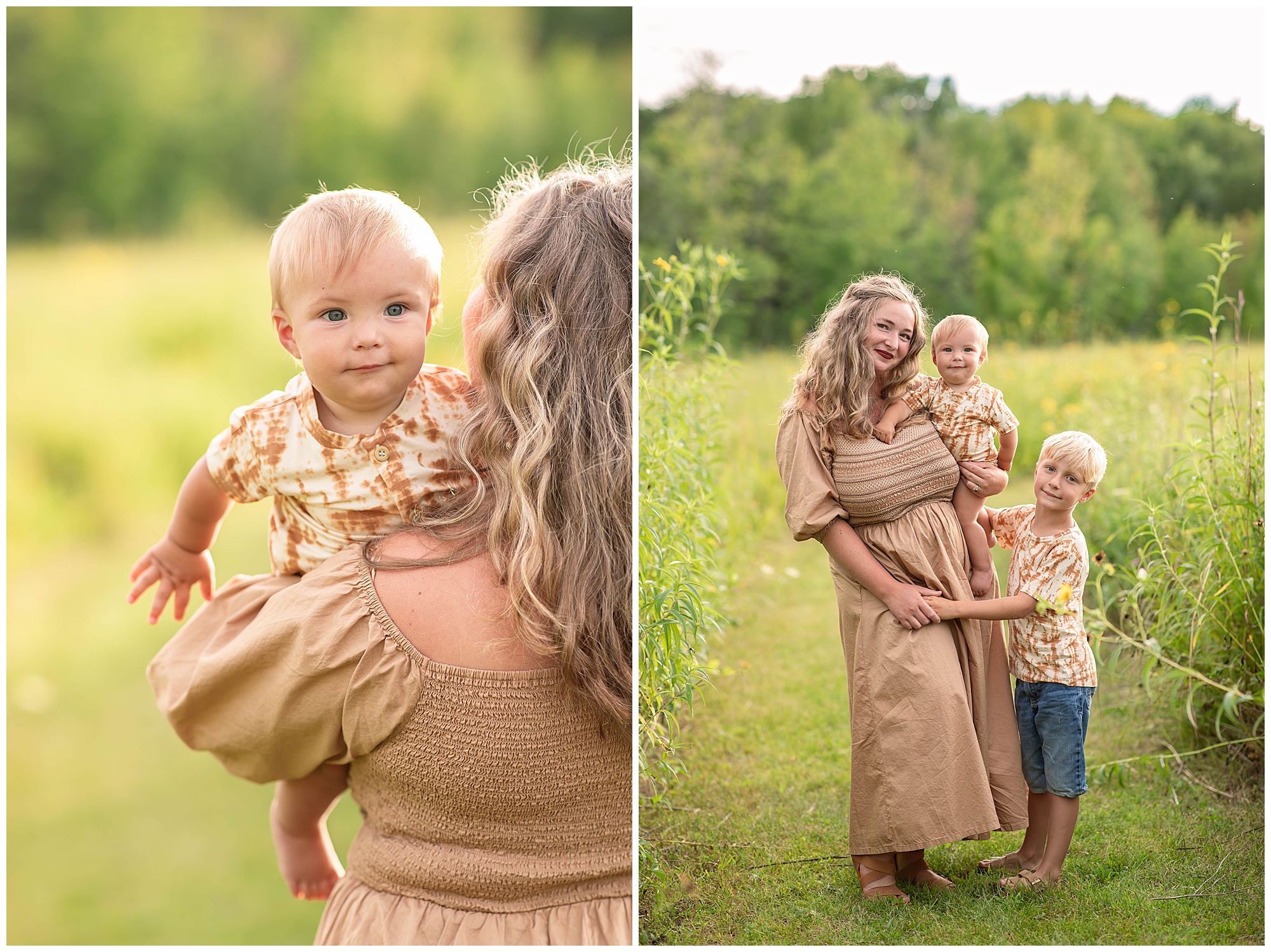 neutral color family photo outfits, mother and sons 