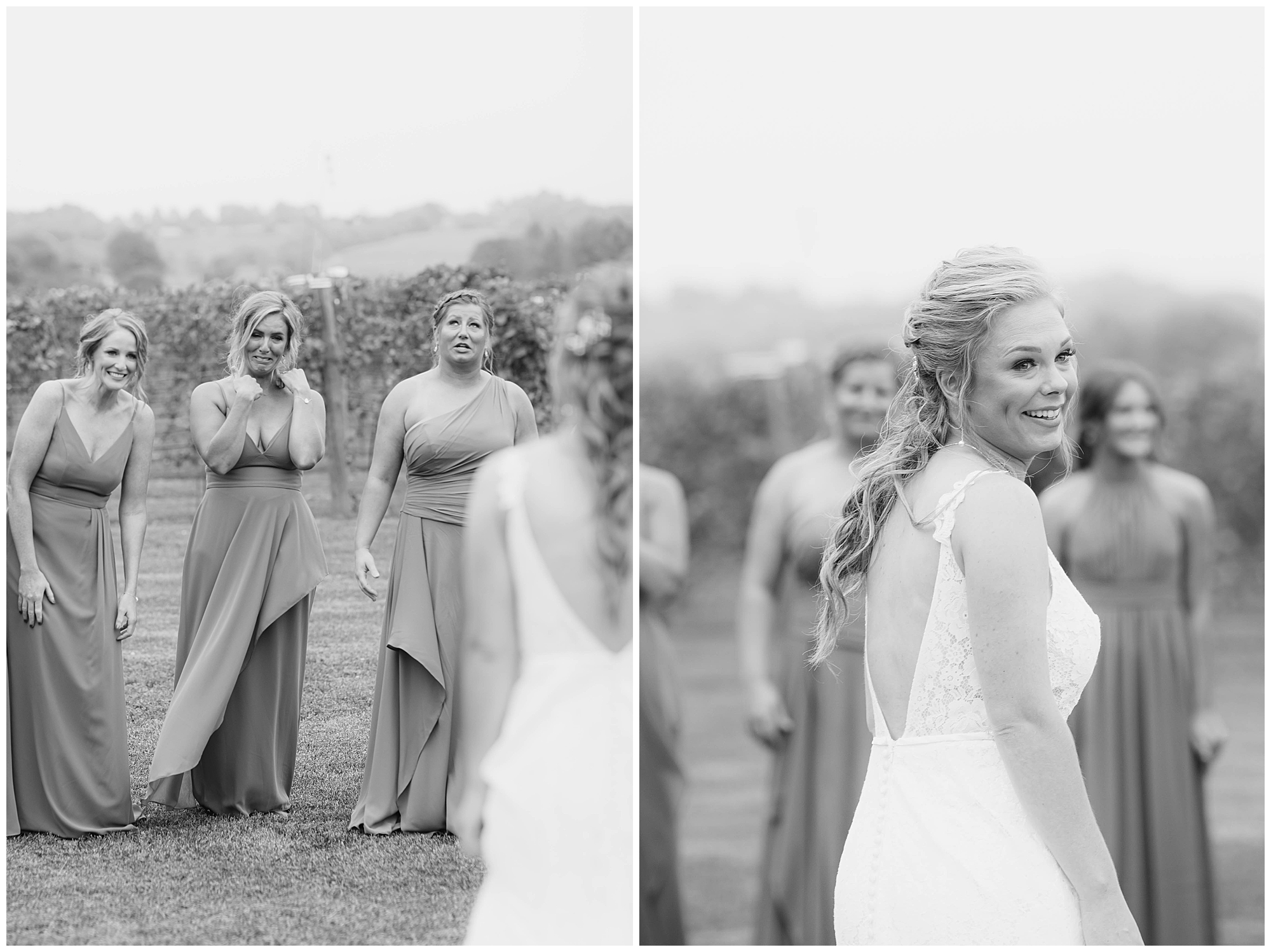  first look with bridesmaids in vineyard on Lake Winnebago
