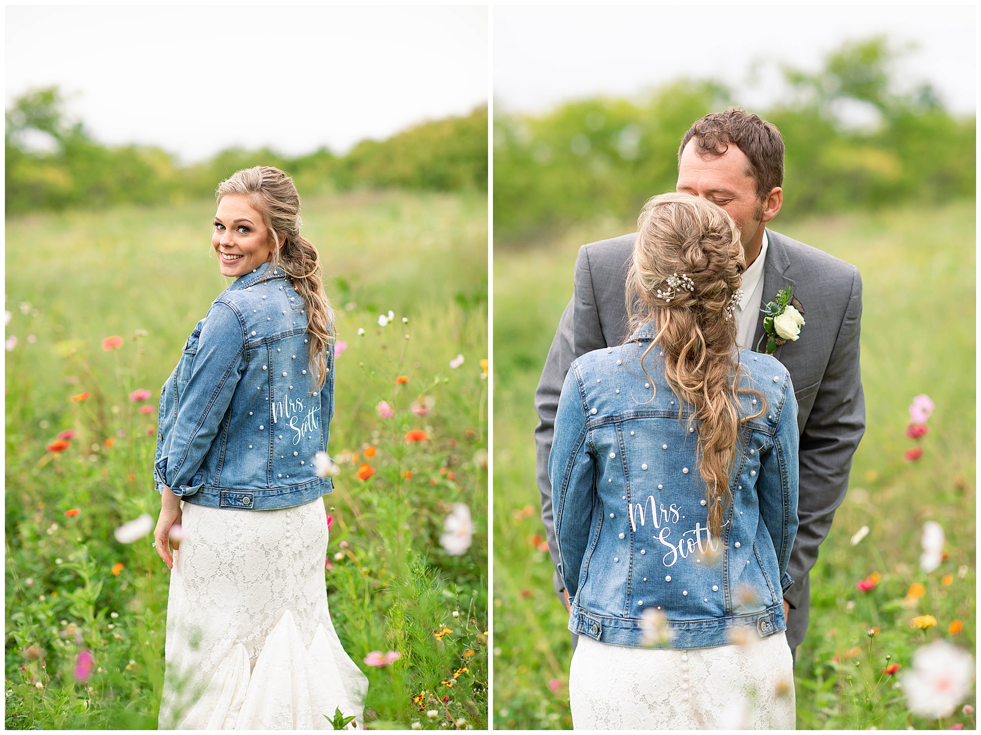 bridal portrait in wild flowers with denim jacket