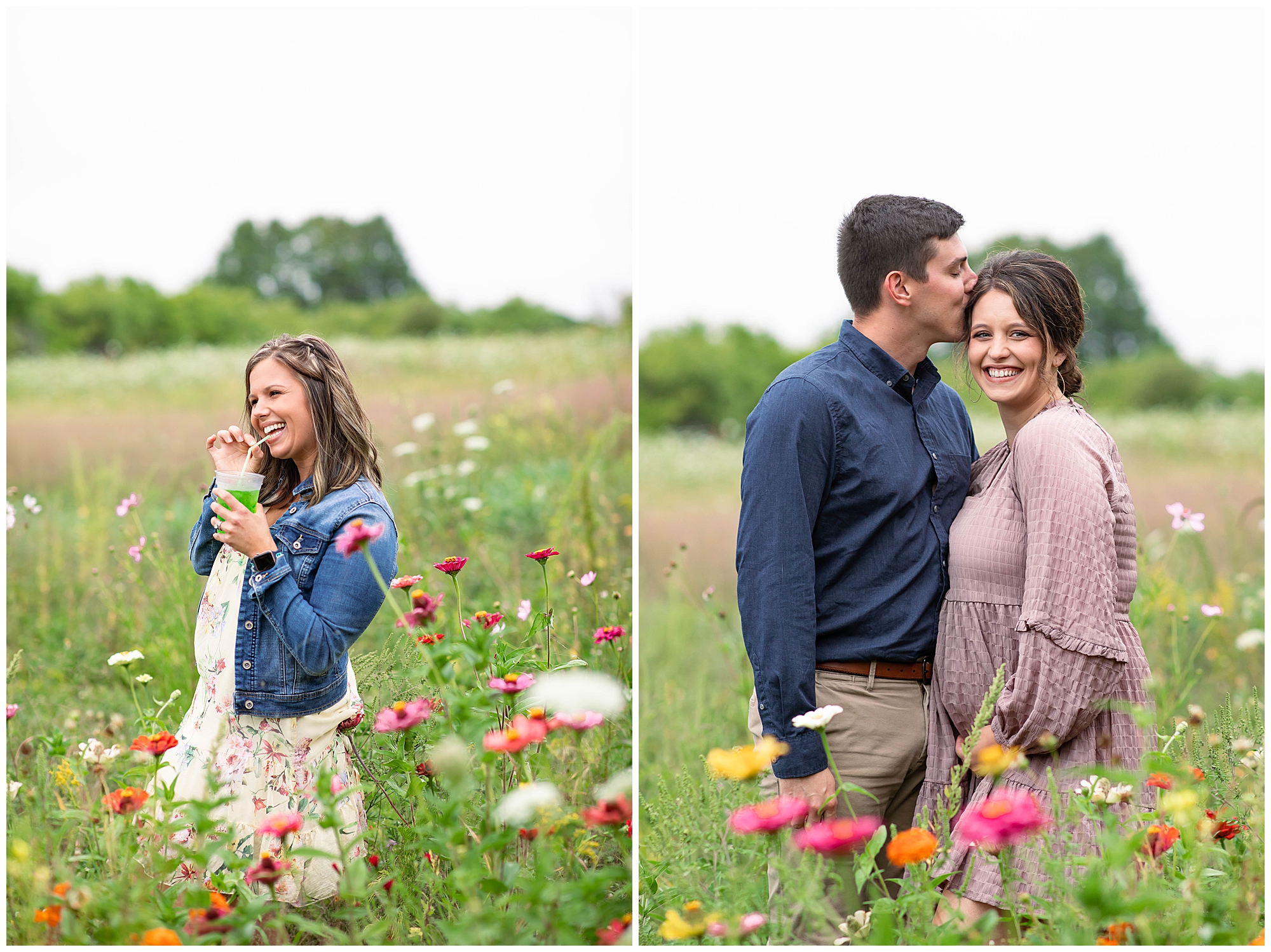 wedding guests posing for photos in wild flowers