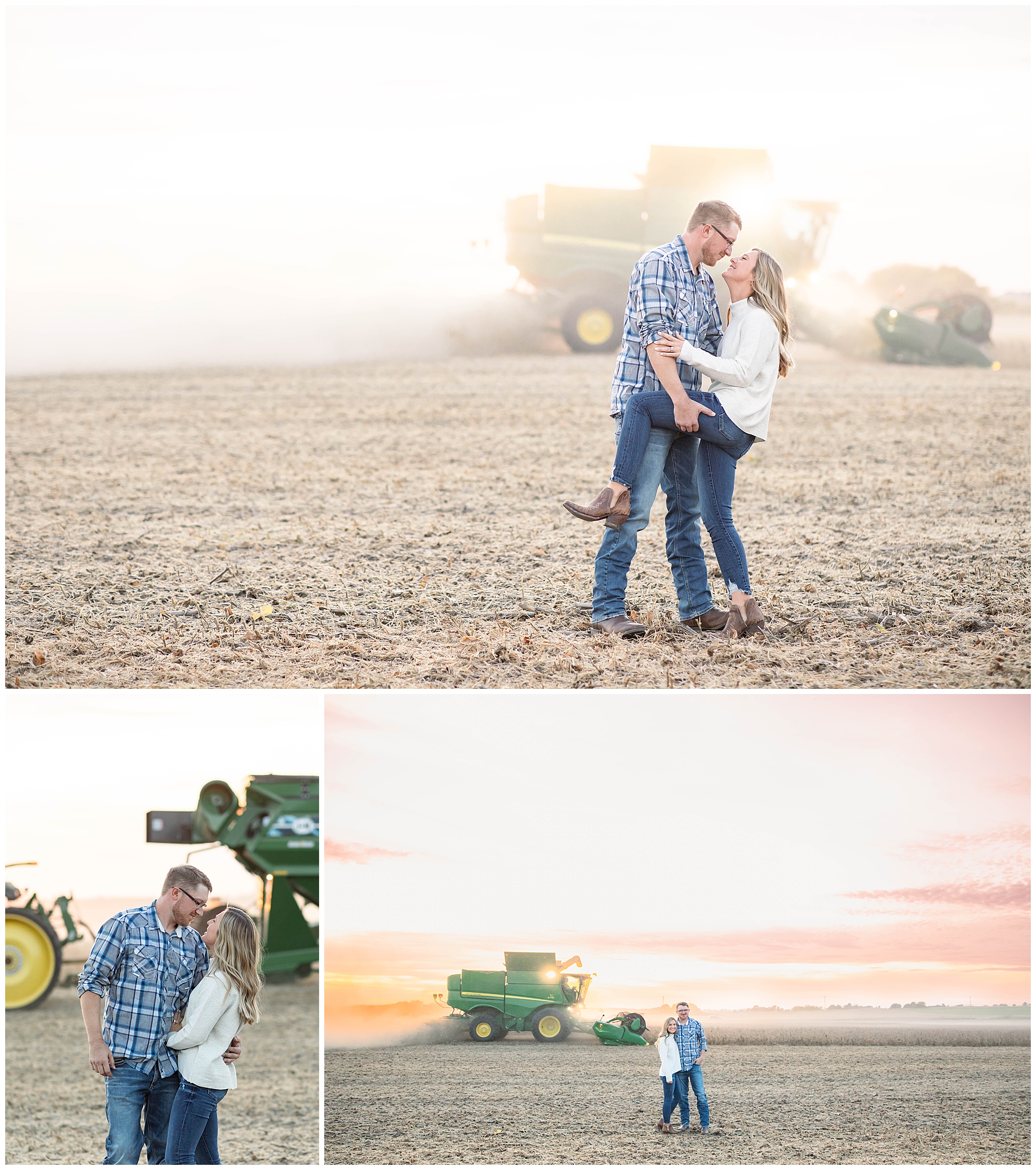 Engagement Session in the middle of a field during combining 