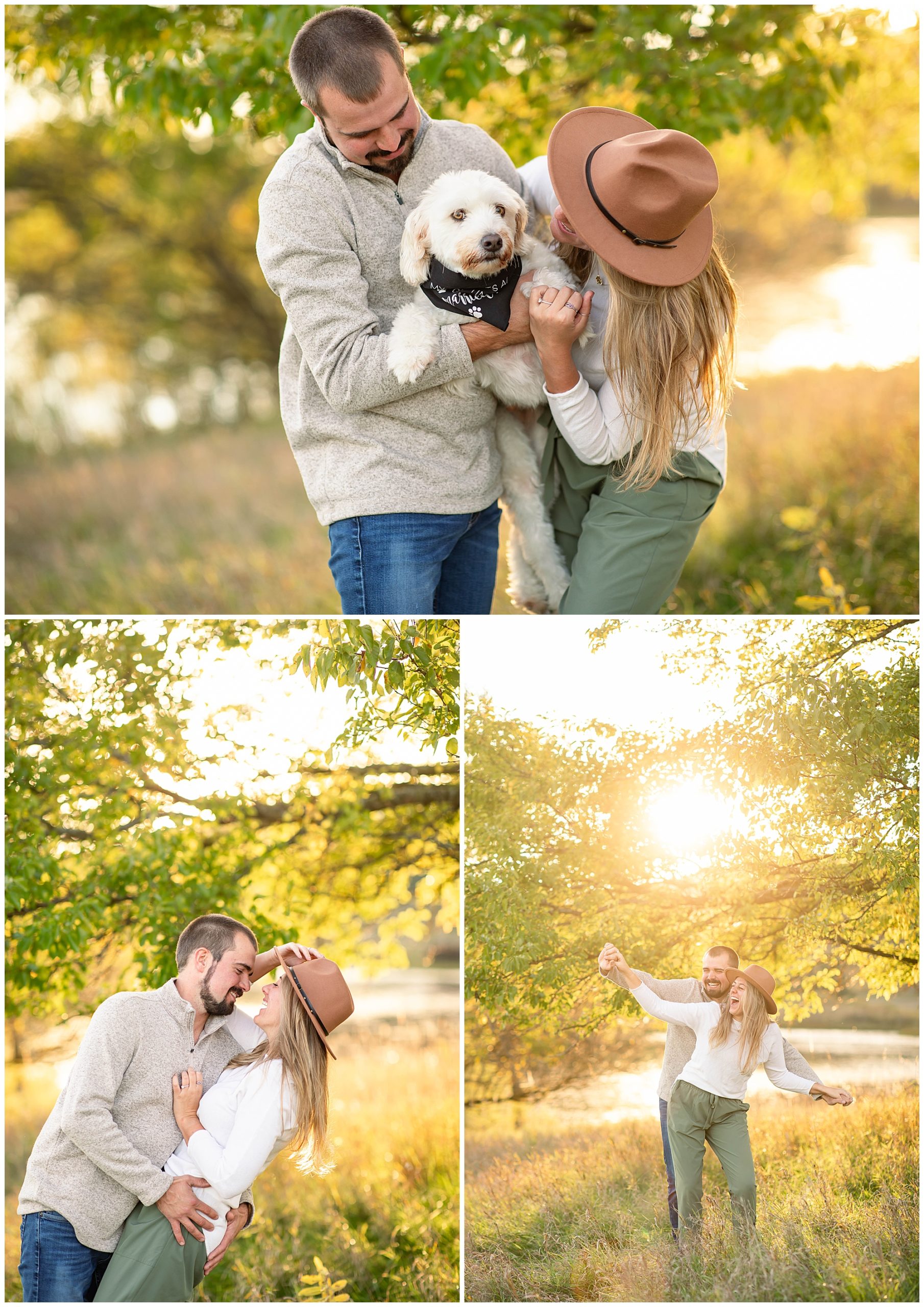 Fall Engagement Photo Shoot with Dogs. Cream, green and neutral colors 