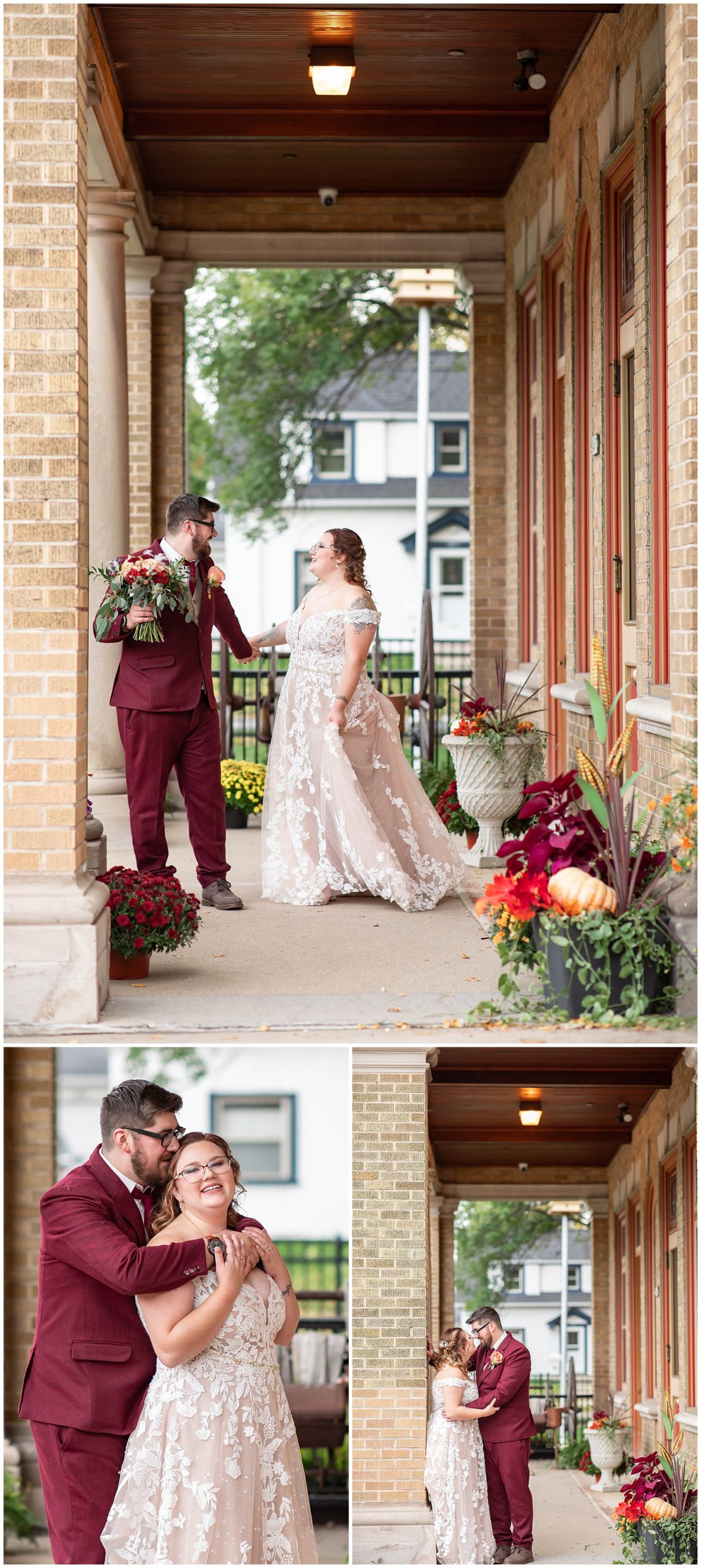 Couples Fall Wedding photos in lace dress and red tux 
