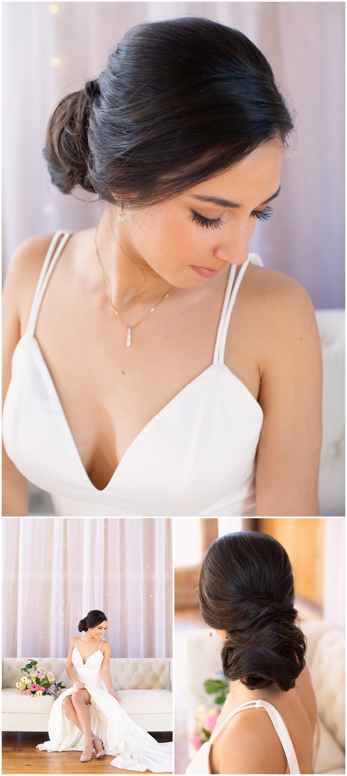 indoor bridal portrait, soft and glamorous makeup by Sara Marie Artistry