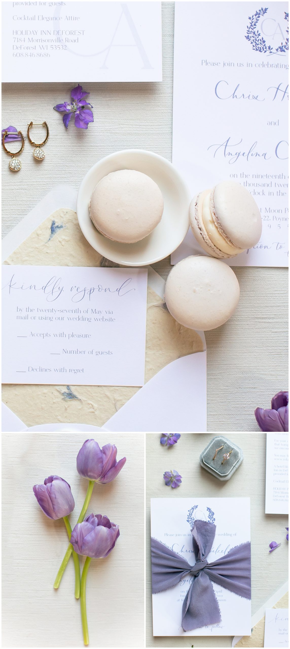 spring wedding invitations with macaroons and purple flowers
