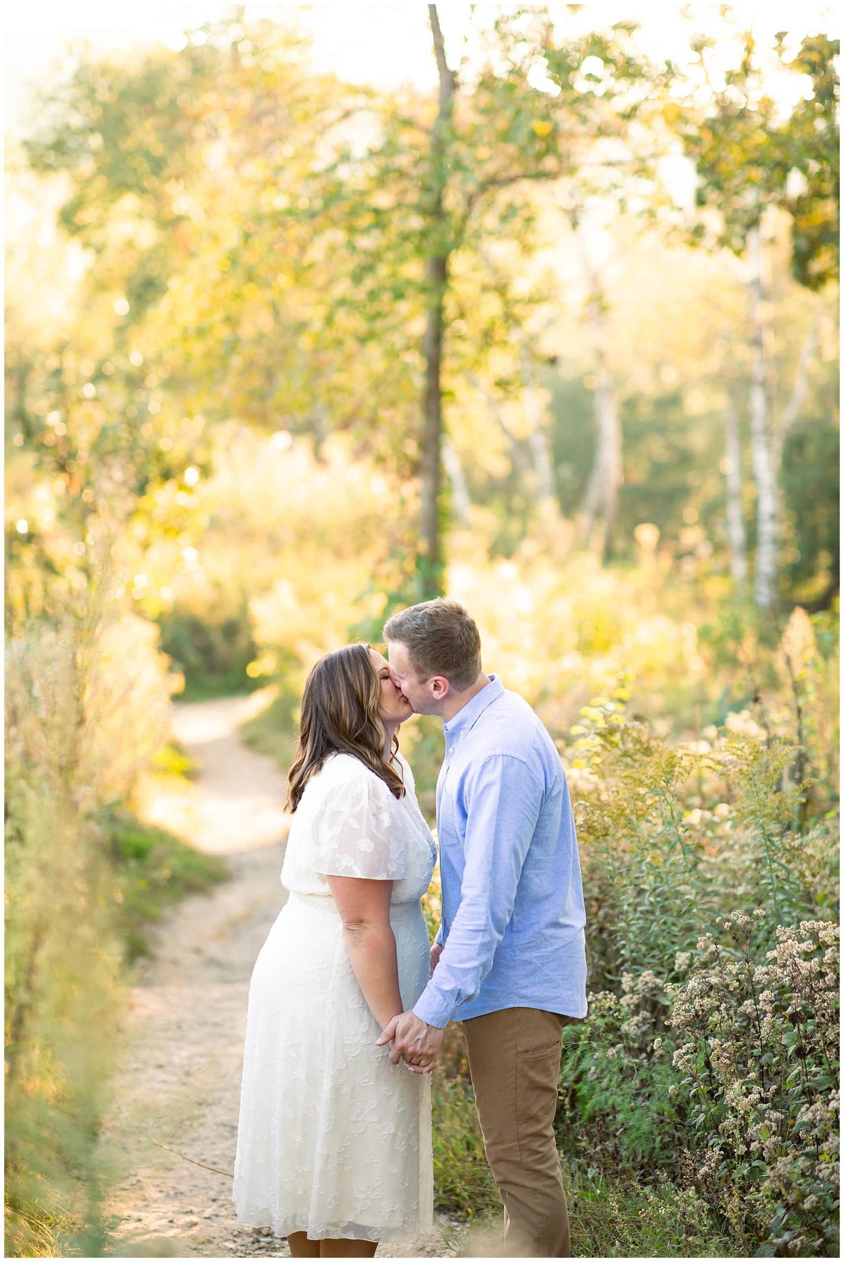 Indian Lake Engagement Session with classic white dress and blue button up