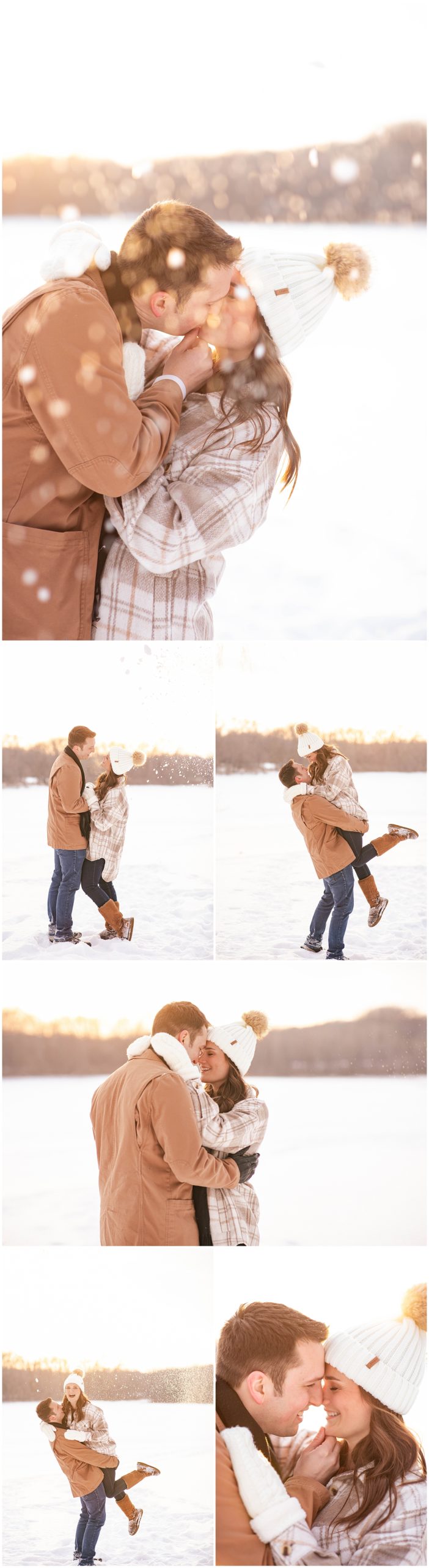 Playful winter photos with couple in snow 
