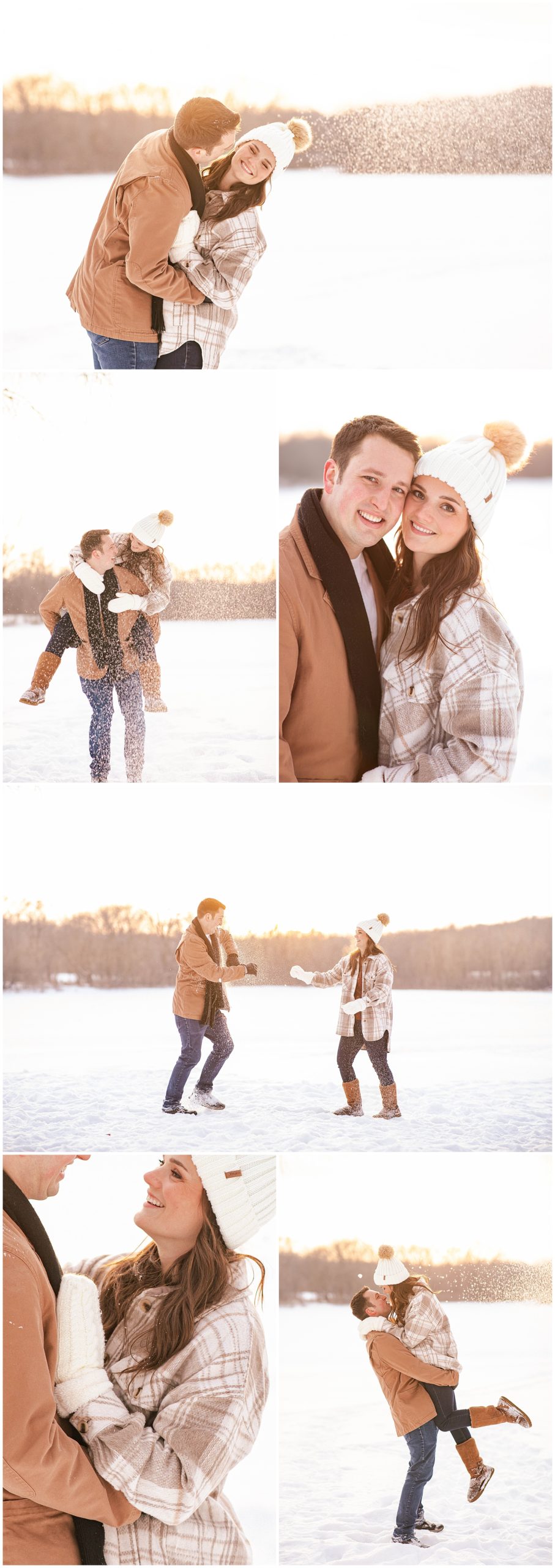 couples winter photoshoot with snow and cozy flannel