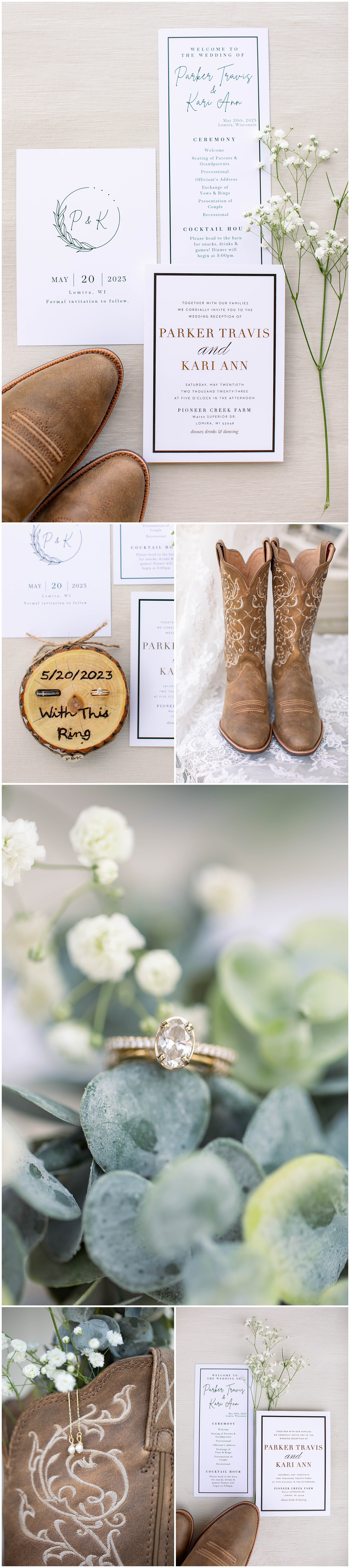 elegant barn wedding details, wedding invites, baby's breath, cowgirl boots, eucalyptus, antique ring, wooden ring box