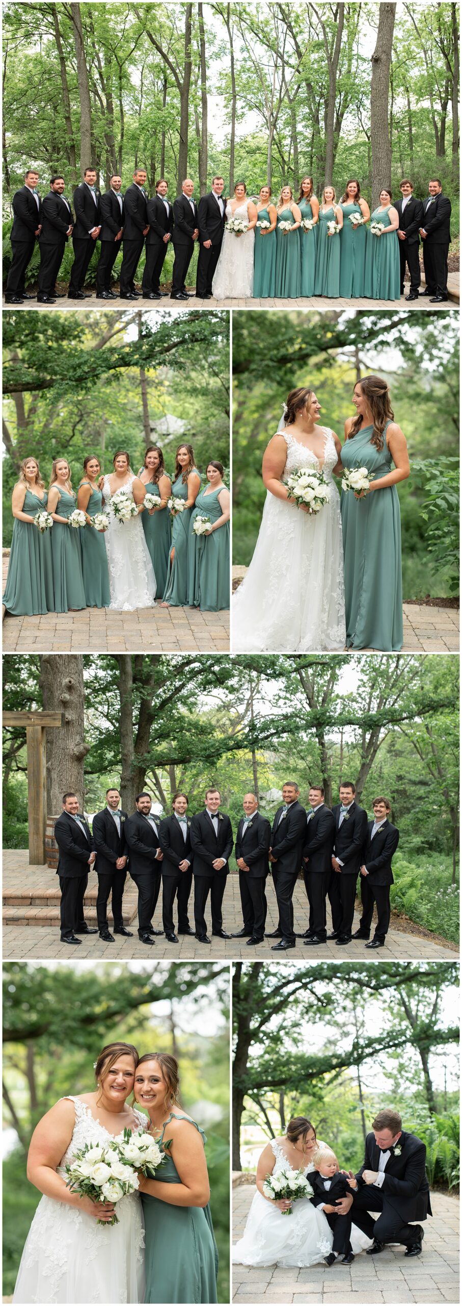 Wedding party portraits, green bridesmaid dress, black suit, green bowtie