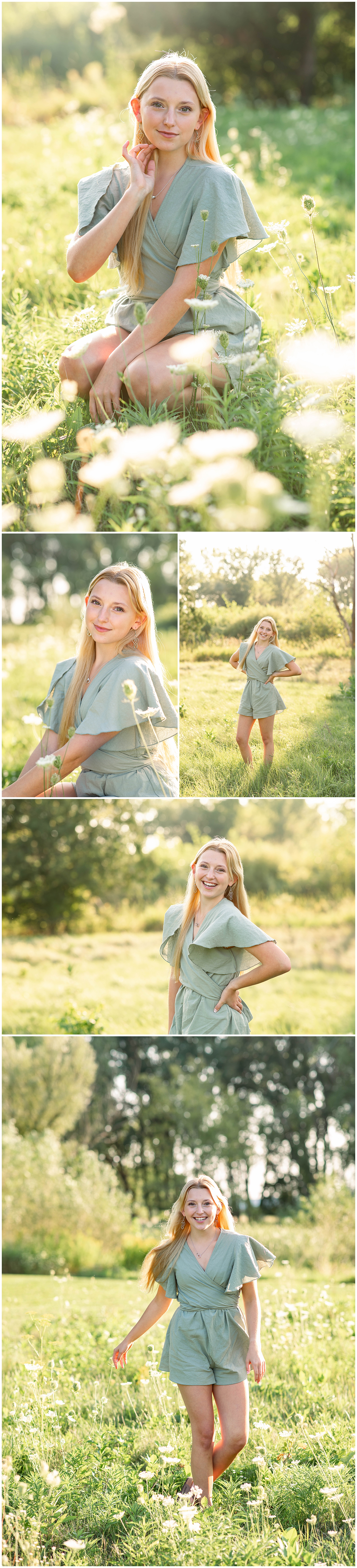 DeForest Senior Session at Token Creek. Tall blonde in sage green romper standing in grass with sunlight to her back 