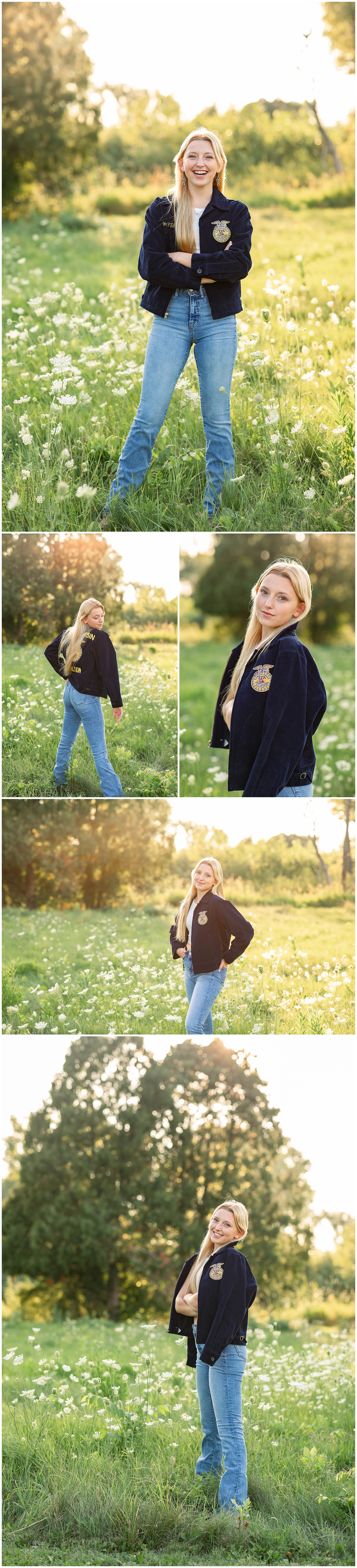 Senior photos with FFA jacket and denim jeans in a field of wild flowers at sunset 