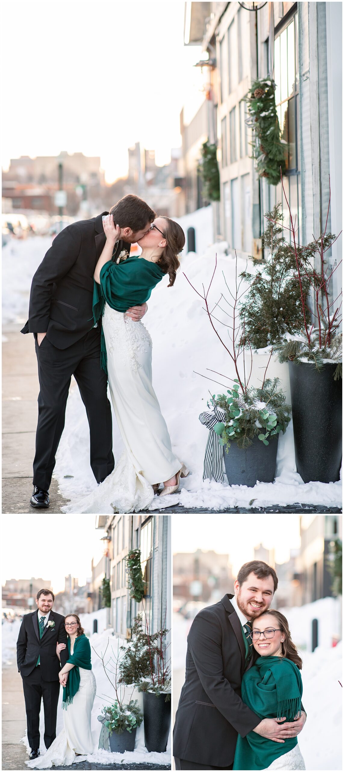 winter wedding portraits in downtown Madison WI